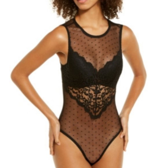 NWT! INC International Concepts Sheer Swiss Dot Cupped Bodysuit - Black - Size-L - Picture 1 of 1